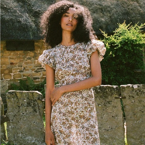 Doen Rhodia Cotton Puff Short Sleeve Maxi Midi Dress Blanc Narcissus Floral - Picture 3 of 16